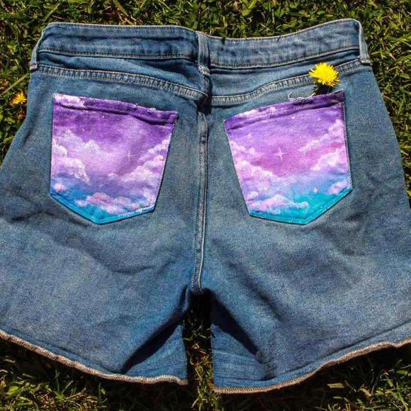 Medium Rise Galaxy Painted Jean Shorts - Picture 1 of 9